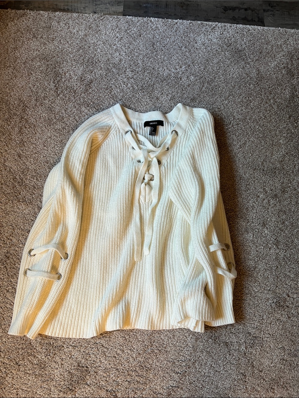 Forever 21 Cream Lace-Up V-Neck Ribbed Sweater
